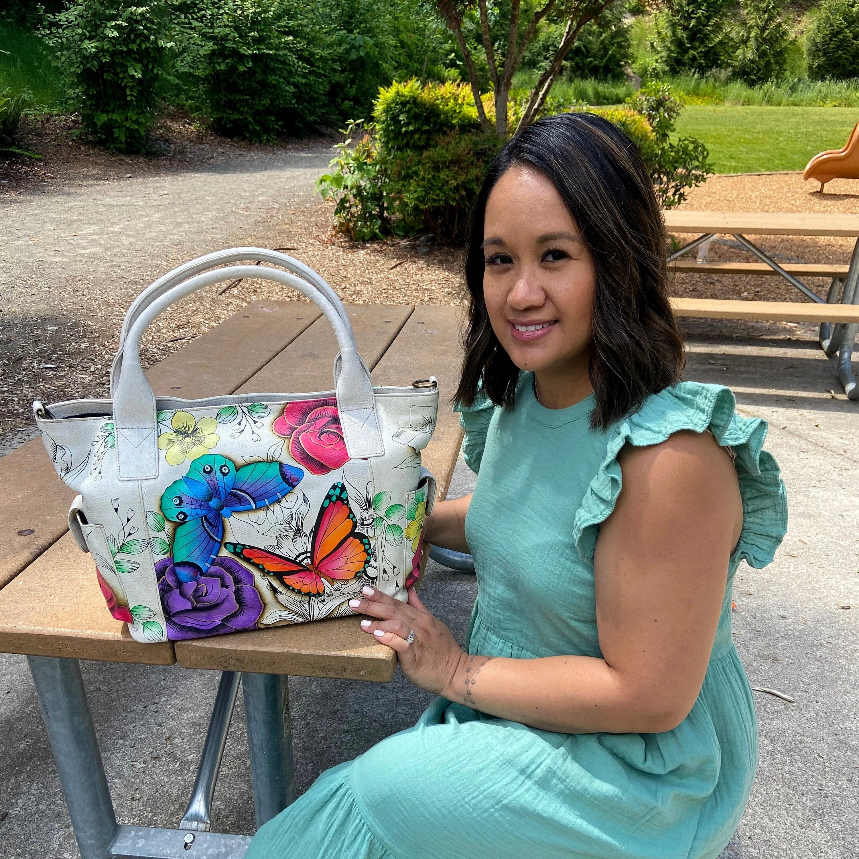 Handpainted Leather Large Tote With Side Pocket - Floral Paradise
