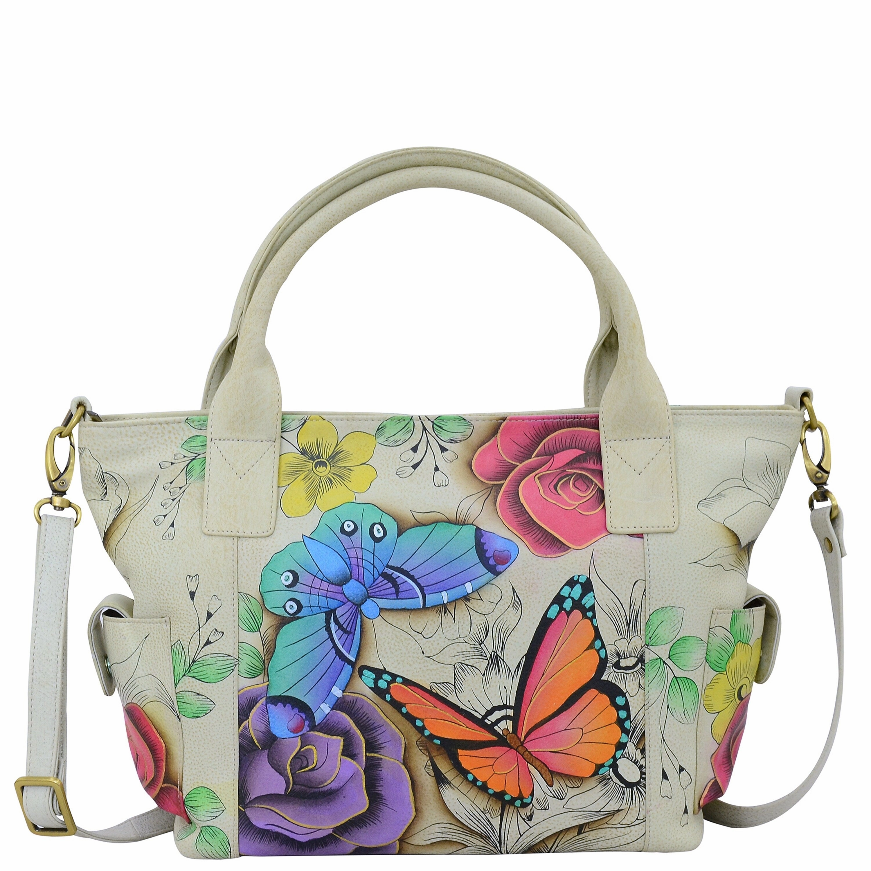 Handpainted Leather Large Tote With Side Pocket - Floral Paradise