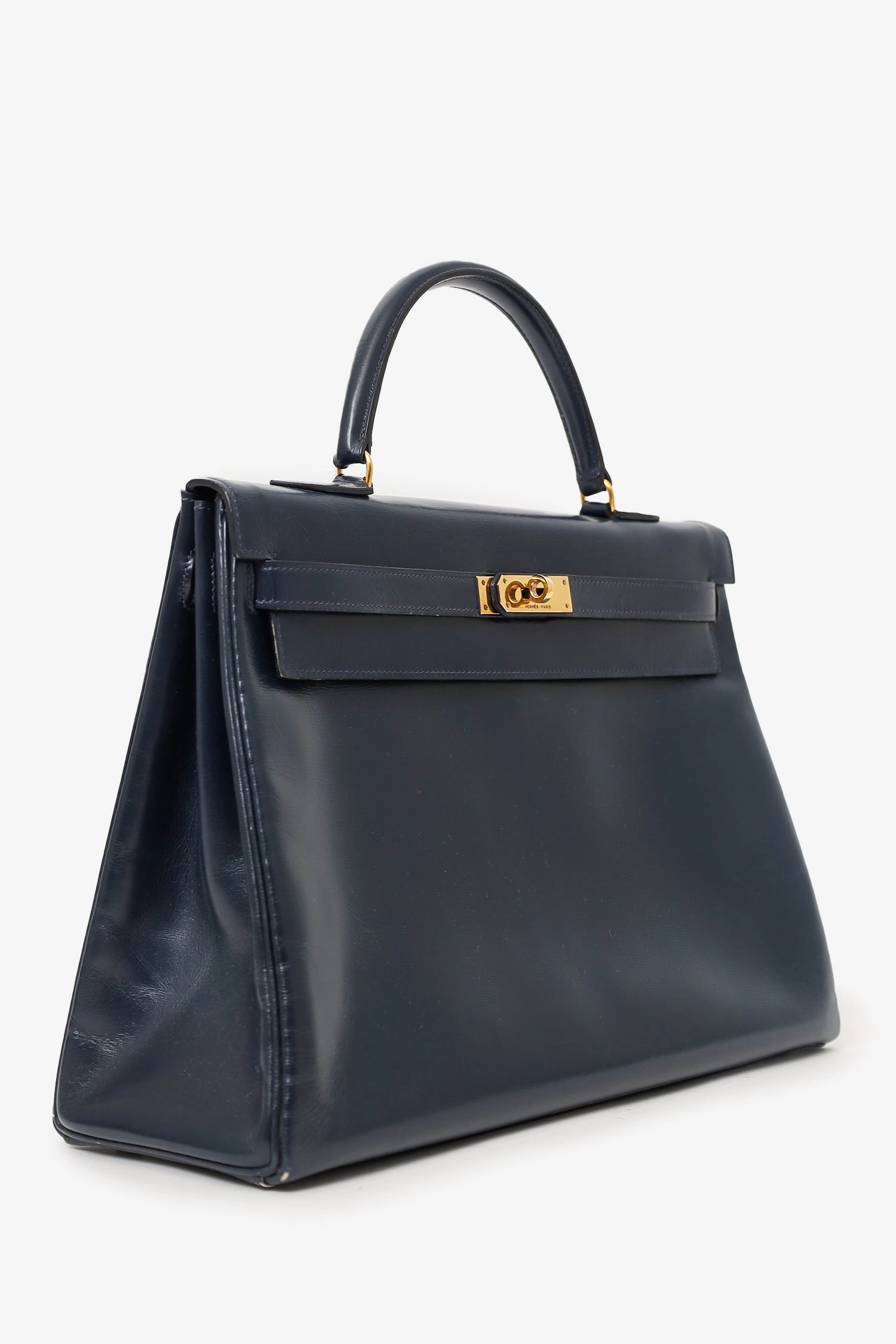 Hermes 1980 Navy Box Leather Retourne Kelly 35