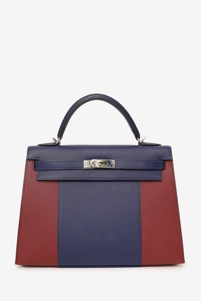 Herms 2014 Blue/Burgundy Saphir and Rouge H Epsom Sellier Flag Kelly 32