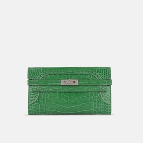 Herms - Kelly Wallet Ghillies - Emerald Alligator Missipienssis PHW - 2017 - Pre-Loved
