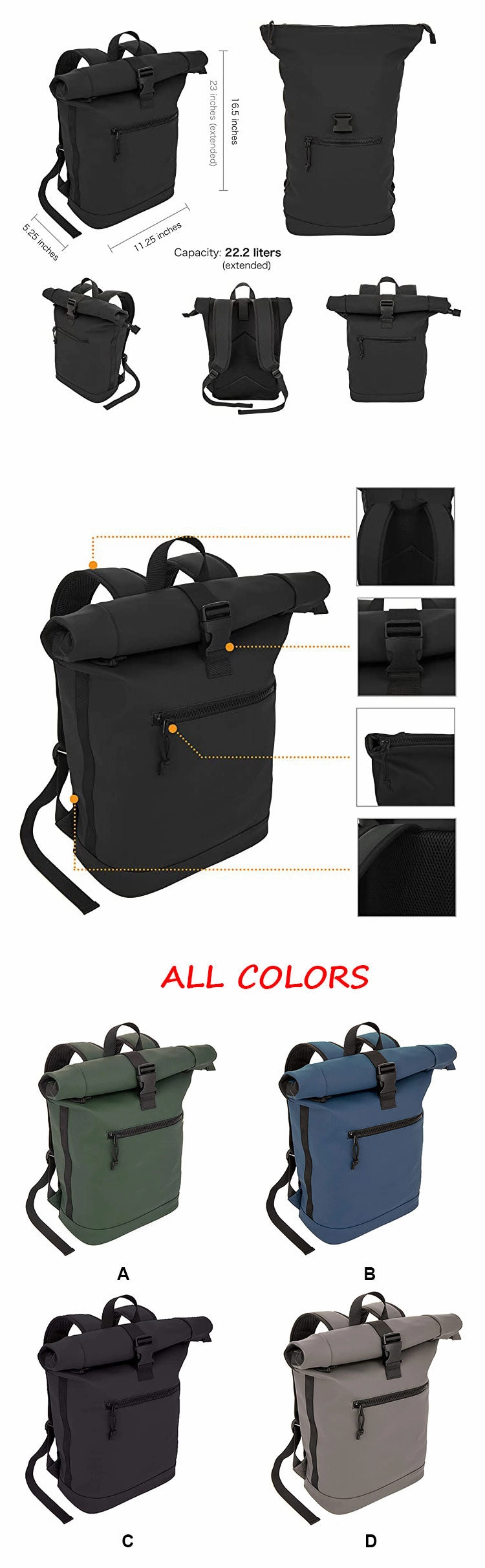 High Quality Waterproof Oxford Expandable Rolltop Backpack