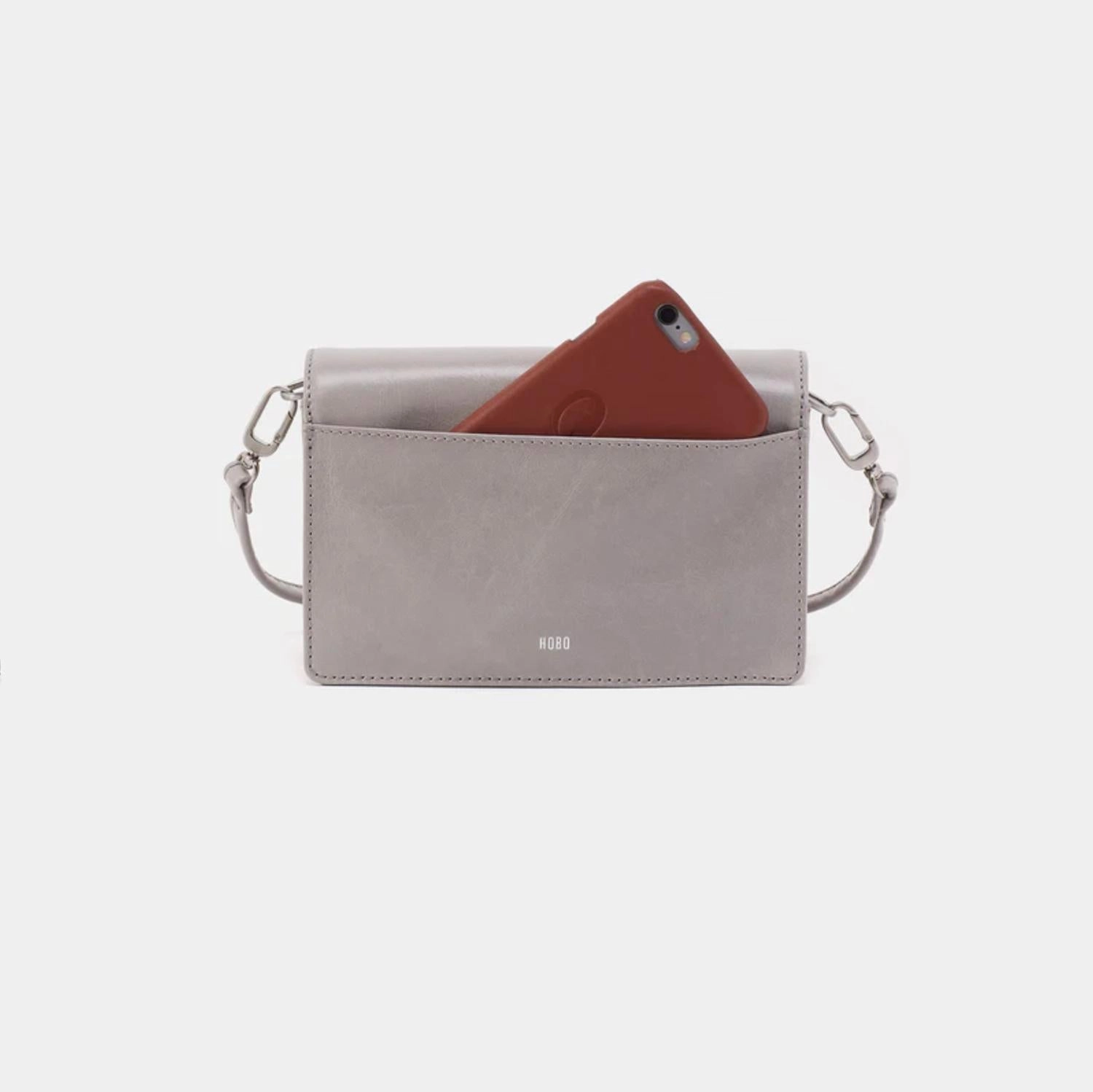 Jill Wallet Crossbody In Polished Leather In Light Grey