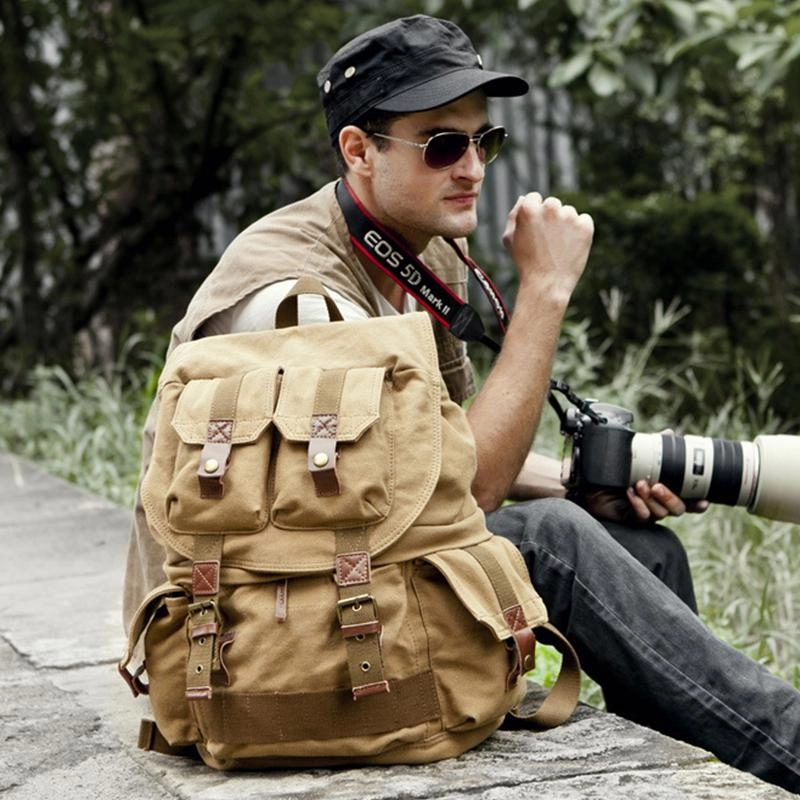 Khaki CANVAS WATERPROOF MENS 16'' CAMERA BACKPACK Army Green LARGE NIKON CAMERA BAG DSLR CAMERA BAG FOR MEN