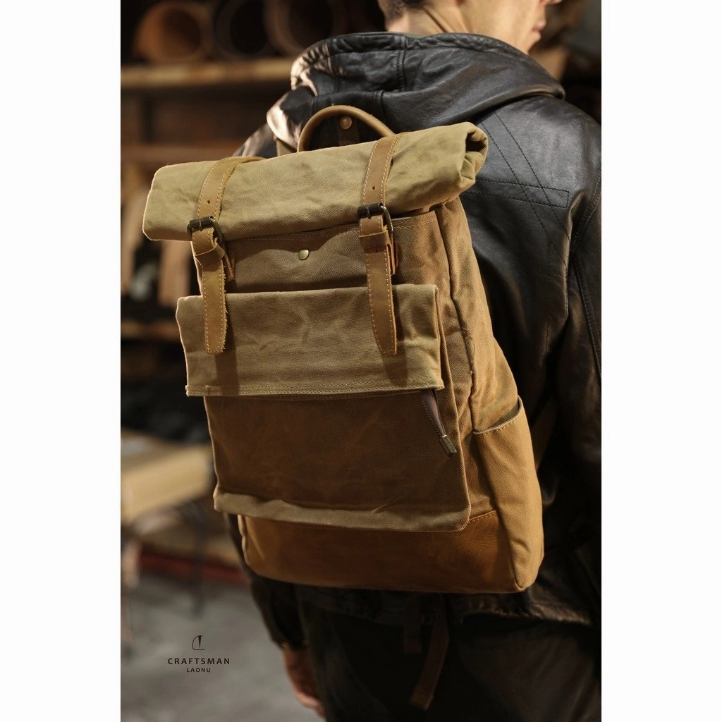 Khaki Oiled Wax Canvas Mens Rollup Backpack Travel Backpack Hiking Backpack Outdoor Backpack For Men