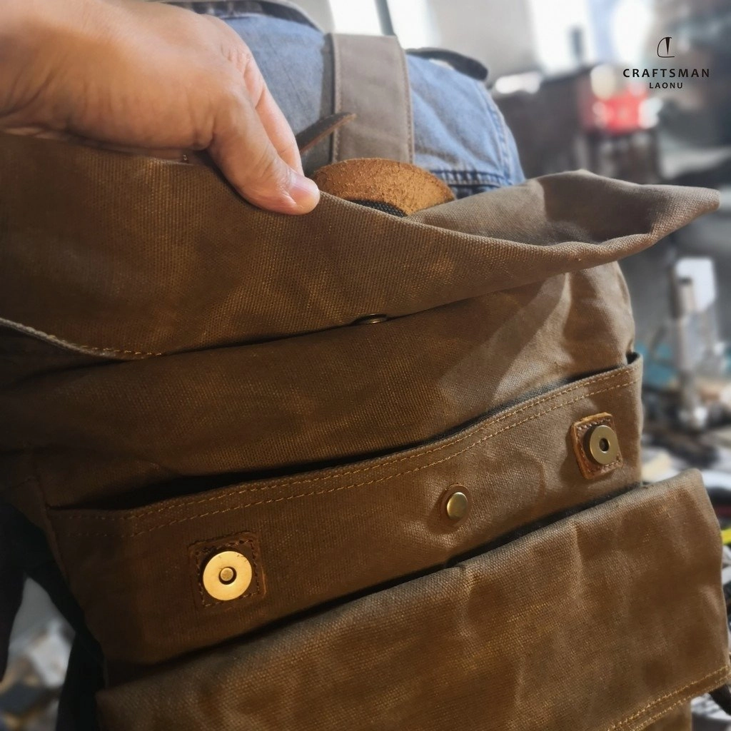 Khaki Oiled Wax Canvas Mens Rollup Backpack Travel Backpack Hiking Backpack Outdoor Backpack For Men