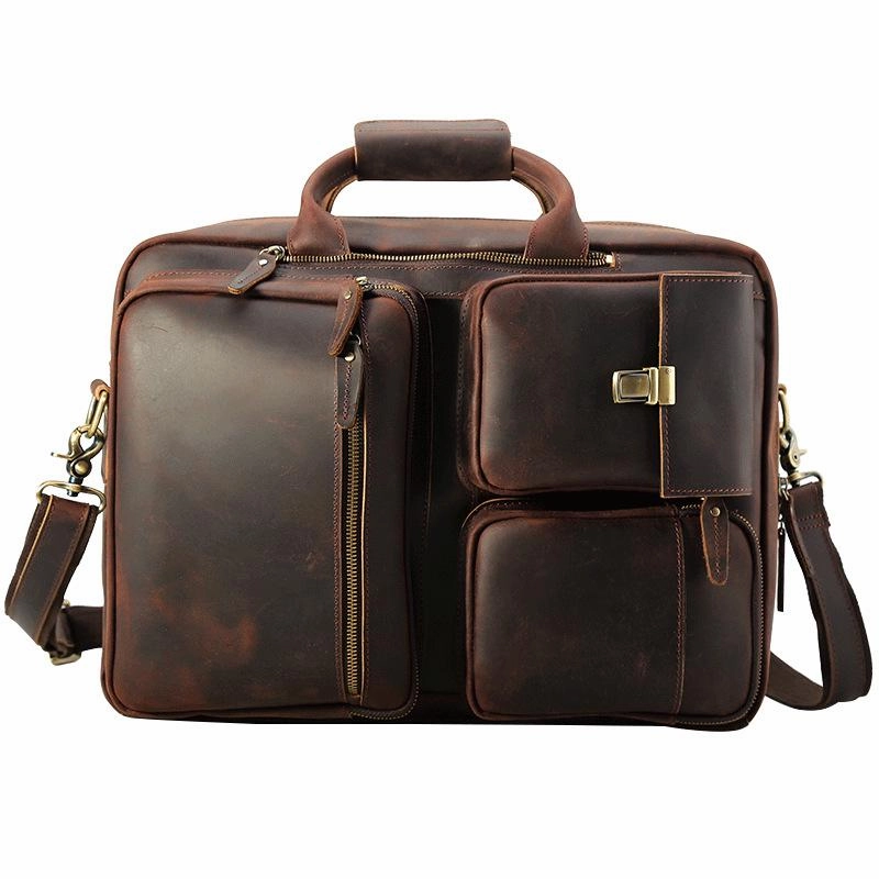 Large Brown Leather Mens Briefcase 15inch Laptop Backpack Work Bag Travel Bag For Men