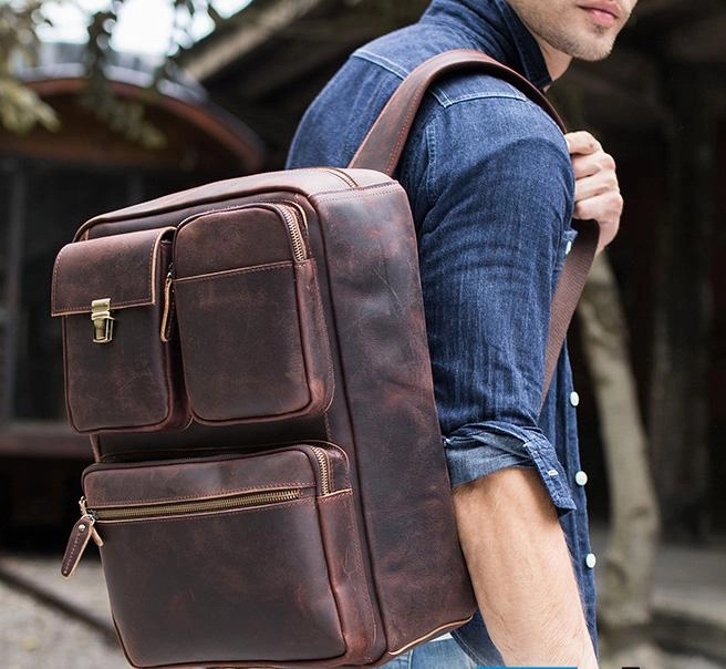 Large Brown Leather Mens Briefcase 15inch Laptop Backpack Work Bag Travel Bag For Men