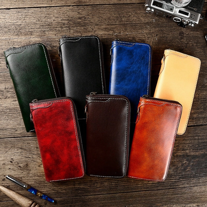 Leather Biker Wallet Leather Biker Chain Wallet Mens Vintage Biker Long Zip Wallet for Men