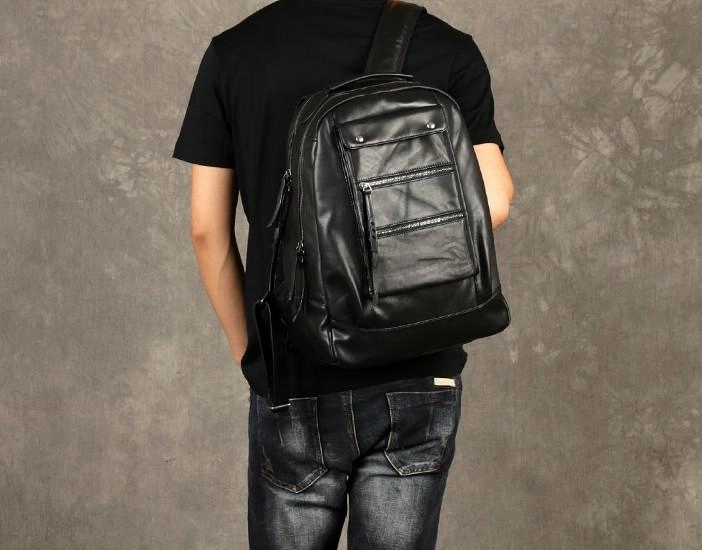 Leather Cool Mens Backpack Large Black Travel Backpack Hiking Backpack for men