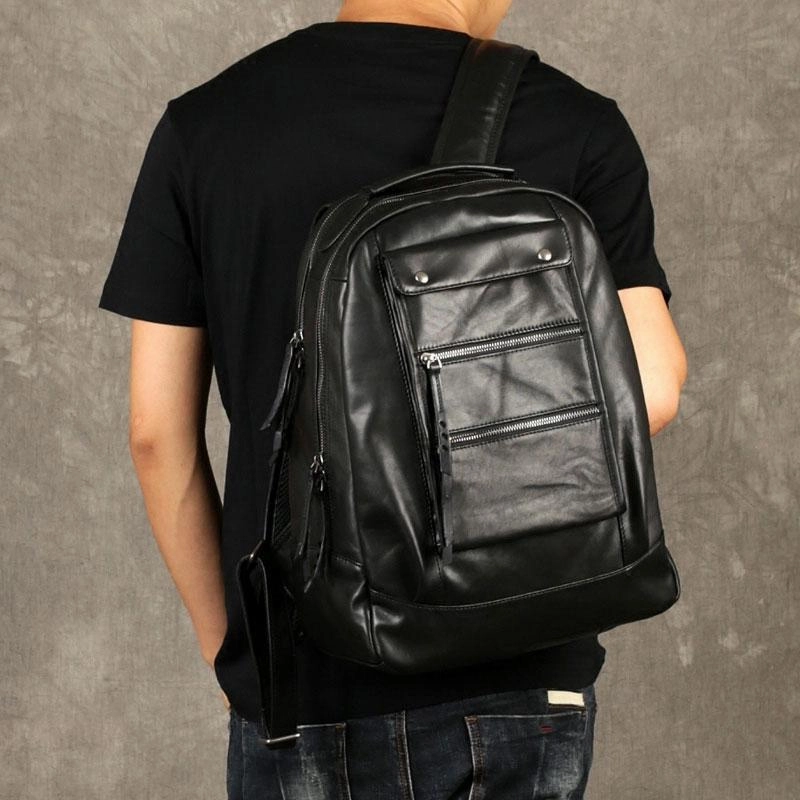 Leather Cool Mens Backpack Large Black Travel Backpack Hiking Backpack for men