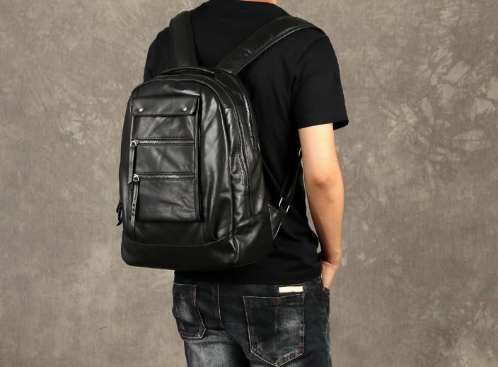 Leather Cool Mens Backpack Large Black Travel Backpack Hiking Backpack for men