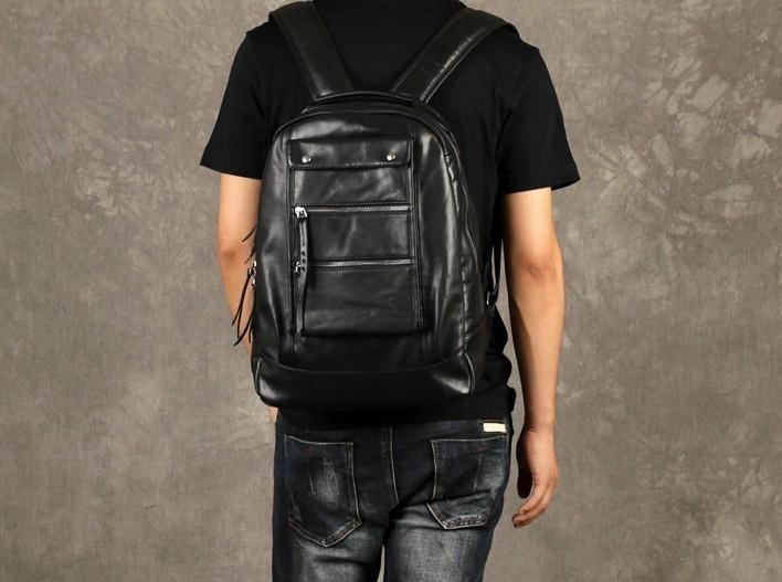 Leather Cool Mens Backpack Large Black Travel Backpack Hiking Backpack for men