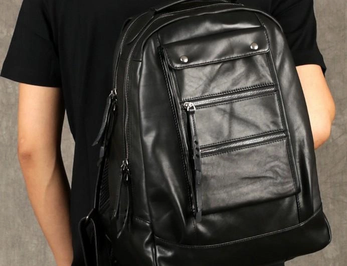 Leather Cool Mens Backpack Large Black Travel Backpack Hiking Backpack for men