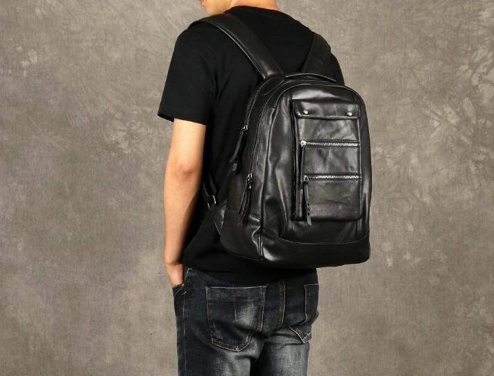 Leather Cool Mens Backpack Large Black Travel Backpack Hiking Backpack for men