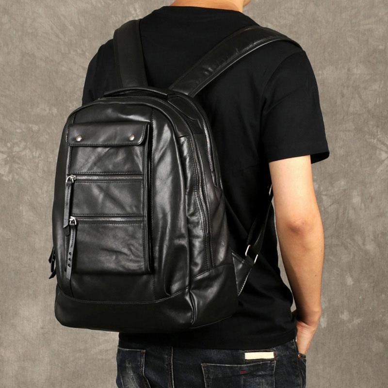 Leather Cool Mens Backpack Large Black Travel Backpack Hiking Backpack for men