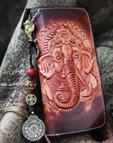 Leather Ganesha Tooled Biker Wallet Cool Handmade Leather Chain Wallet for Men