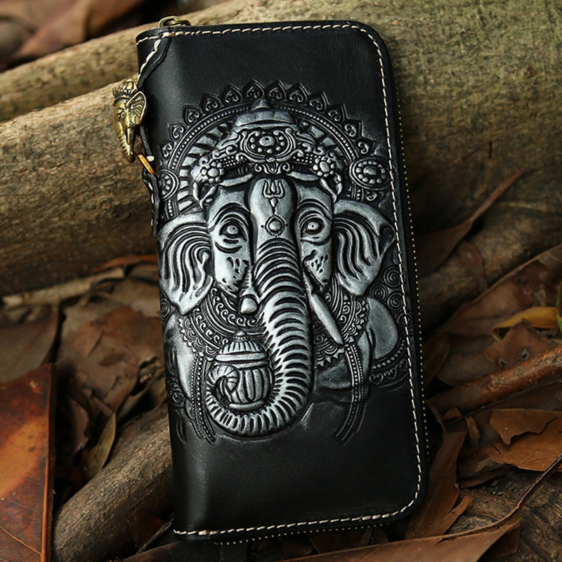 Leather Ganesha Tooled Biker Wallet Cool Handmade Leather Chain Wallet for Men