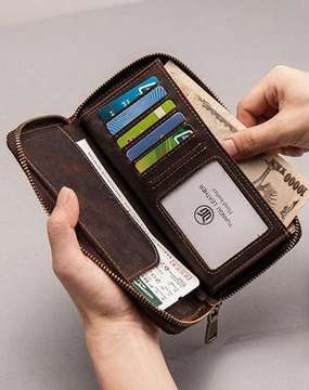 Leather Men Zipper Travel Wallet Passport Wallet Bifold Long Wallets for Men