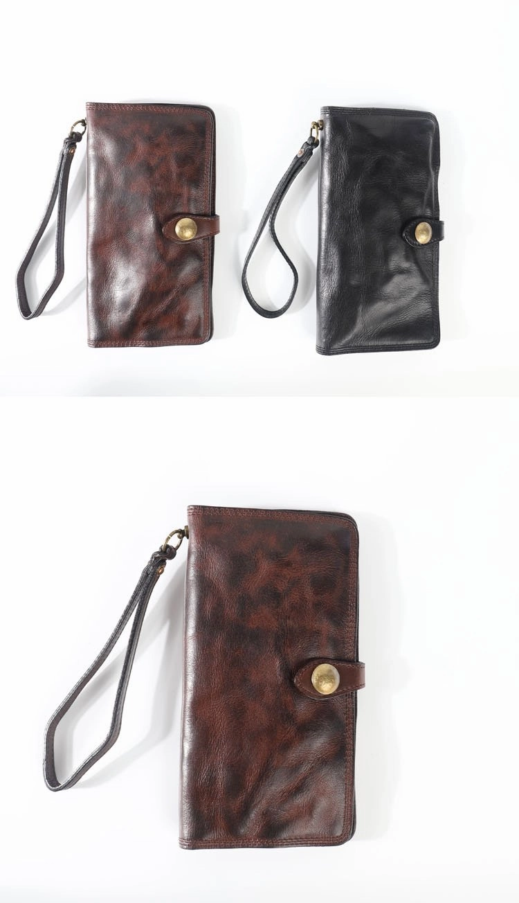 Leather Mens Cool Vintage Wallet Bifold Long Leather Biker Wallet Black Clutch Wristlet Wallet for Men