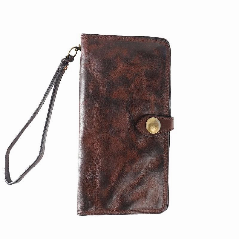 Leather Mens Cool Vintage Wallet Bifold Long Leather Biker Wallet Black Clutch Wristlet Wallet for Men