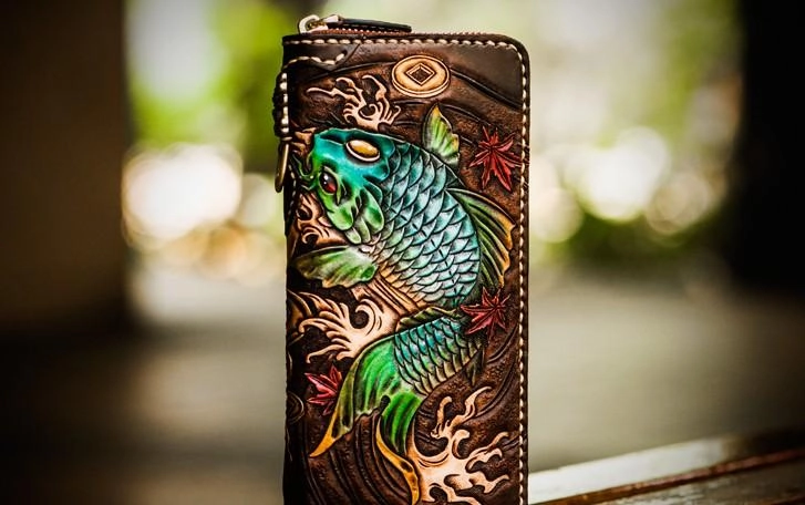 Leather Tooled Carp Mens Chain Wallets Biker Wallets Cool Leather Wallet Long Wallets for Men