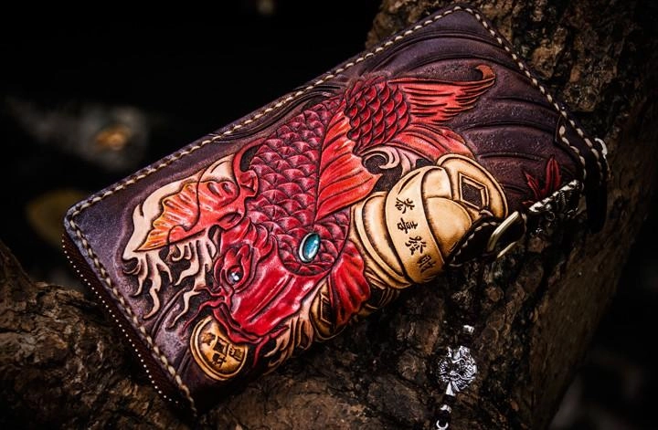 Leather Tooled Carp Mens Chain Wallets Biker Wallets Cool Leather Wallet Long Wallets for Men