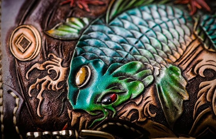 Leather Tooled Carp Mens Chain Wallets Biker Wallets Cool Leather Wallet Long Wallets for Men