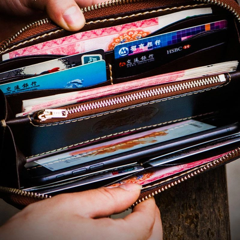 Leather Tooled Carp Mens Chain Wallets Biker Wallets Cool Leather Wallet Long Wallets for Men