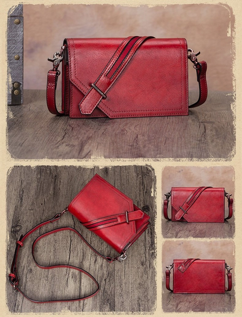 Leather Vintage Red Womens Side Bag Square Flap Over Satchel Shoulder Bag Crossbody Bag Purse for Ladies