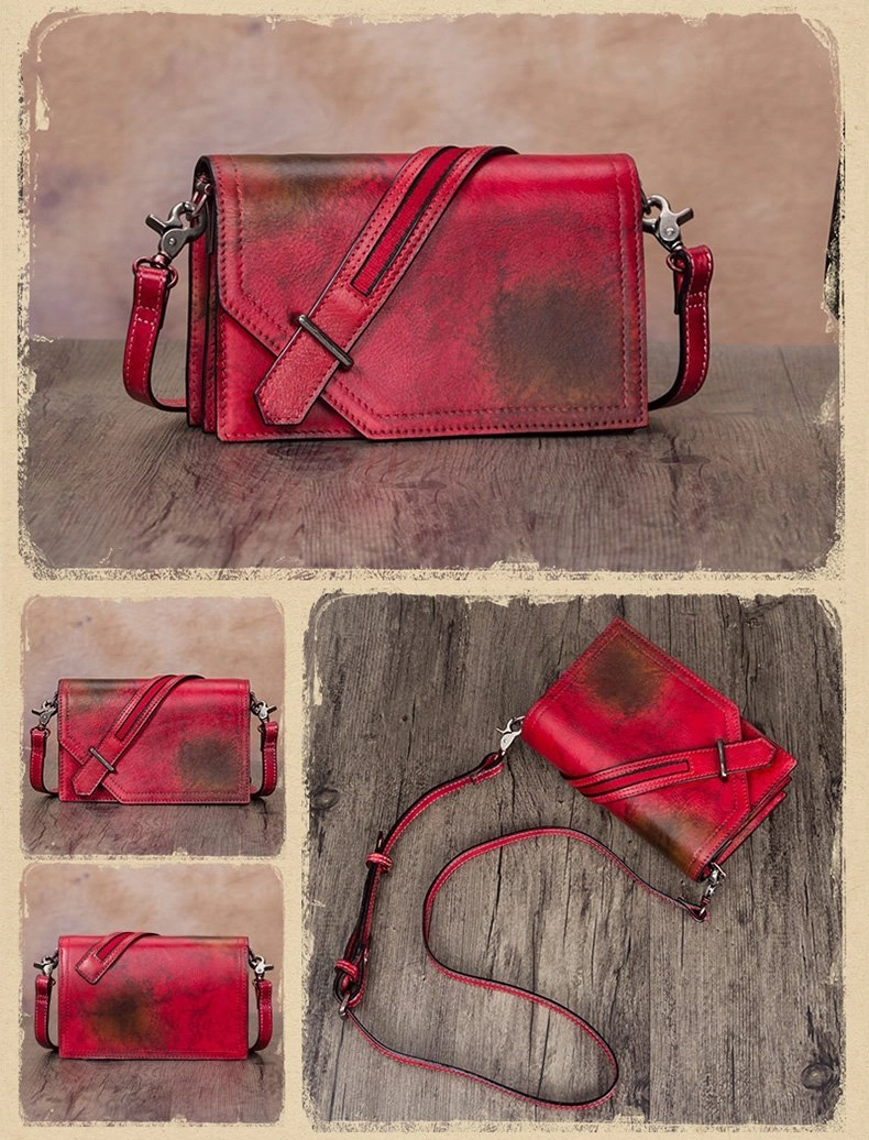 Leather Vintage Red Womens Side Bag Square Flap Over Satchel Shoulder Bag Crossbody Bag Purse for Ladies