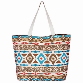 Leopard And Aztec Print Canvas Tote Bag In Turquoise/brown