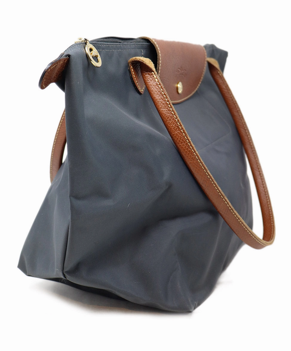 Longchamp Charcoal Nylon & Brown Leather Tote