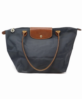 Longchamp Charcoal Nylon & Brown Leather Tote