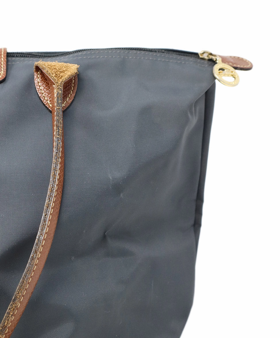 Longchamp Charcoal Nylon & Brown Leather Tote