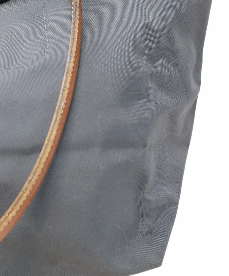 Longchamp Charcoal Nylon & Brown Leather Tote