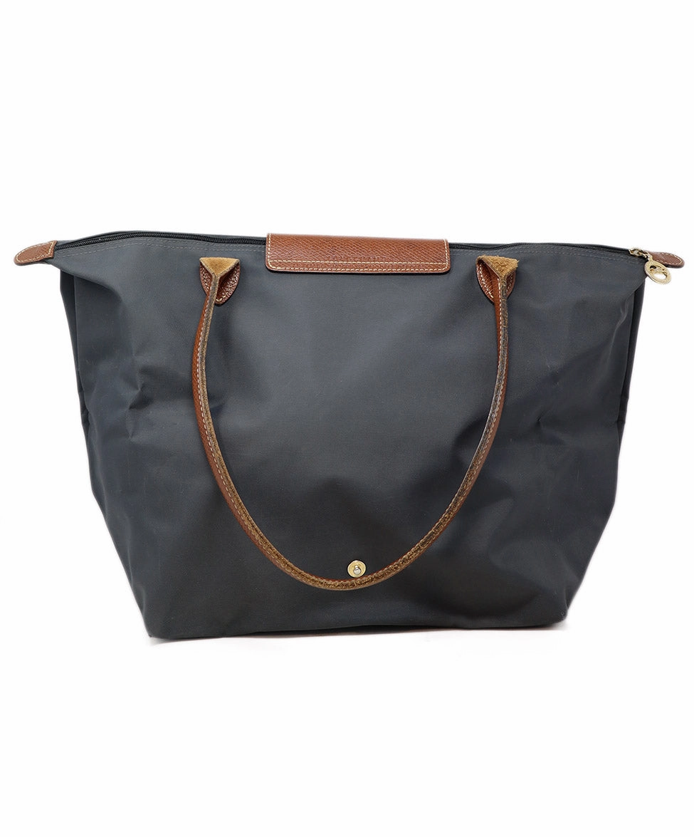 Longchamp Charcoal Nylon & Brown Leather Tote