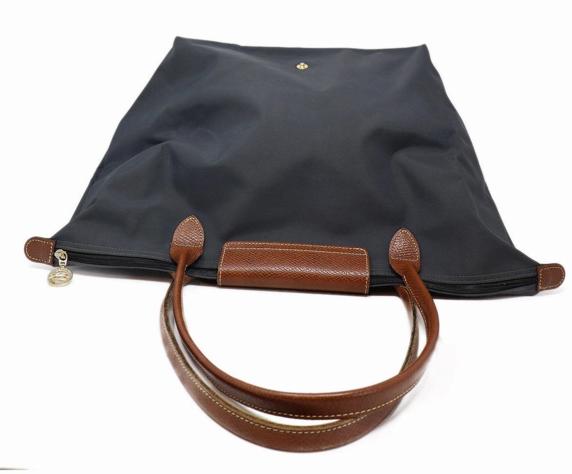 Longchamp Charcoal Nylon & Brown Leather Tote