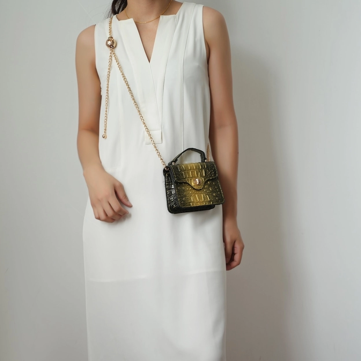 Luxe False Croc-Embossed Mini Satchel with Chain Strap