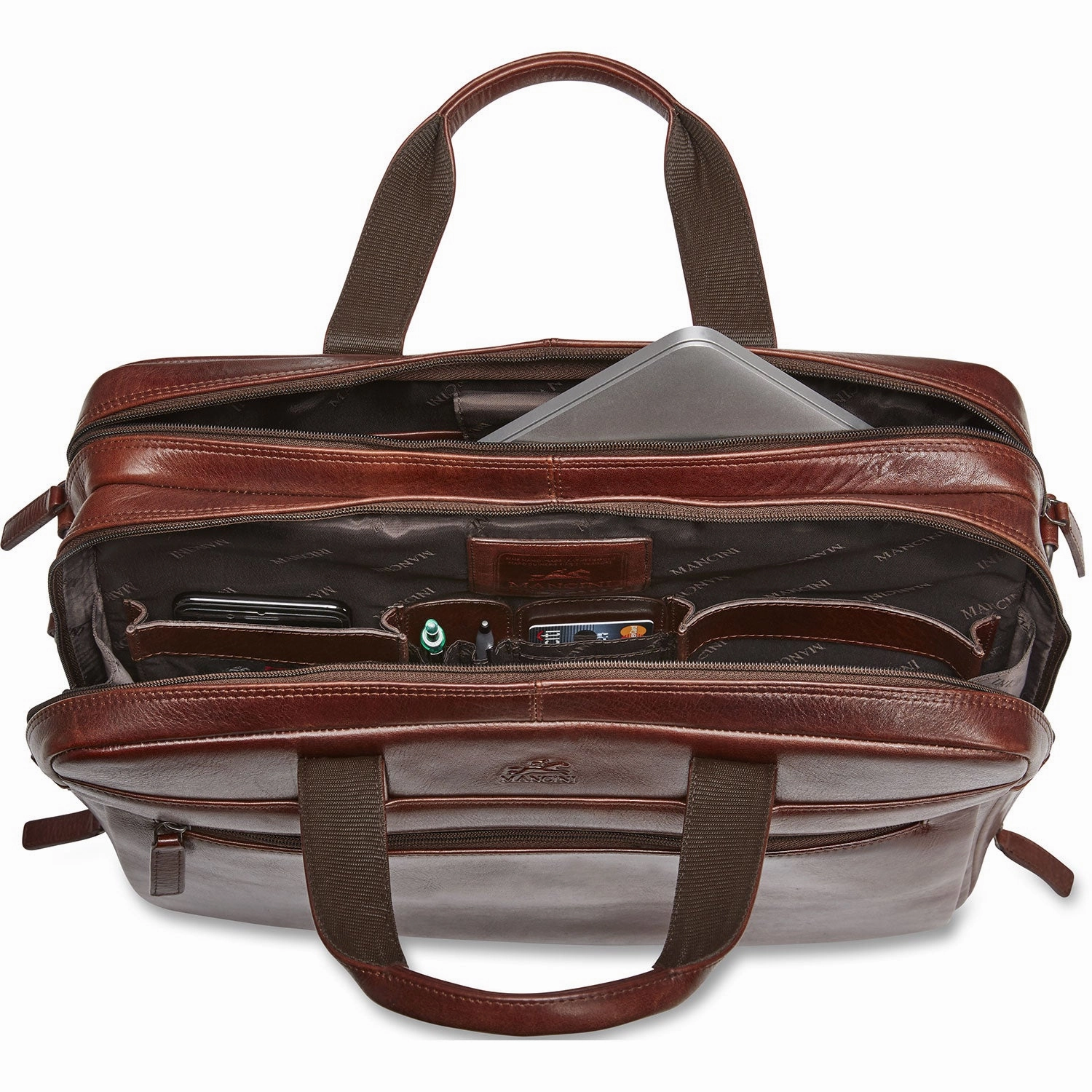 Mancini Leather Laptop / Tablet Compatible Double Compartment Briefcase with RFID Secure Pocket - Brown
