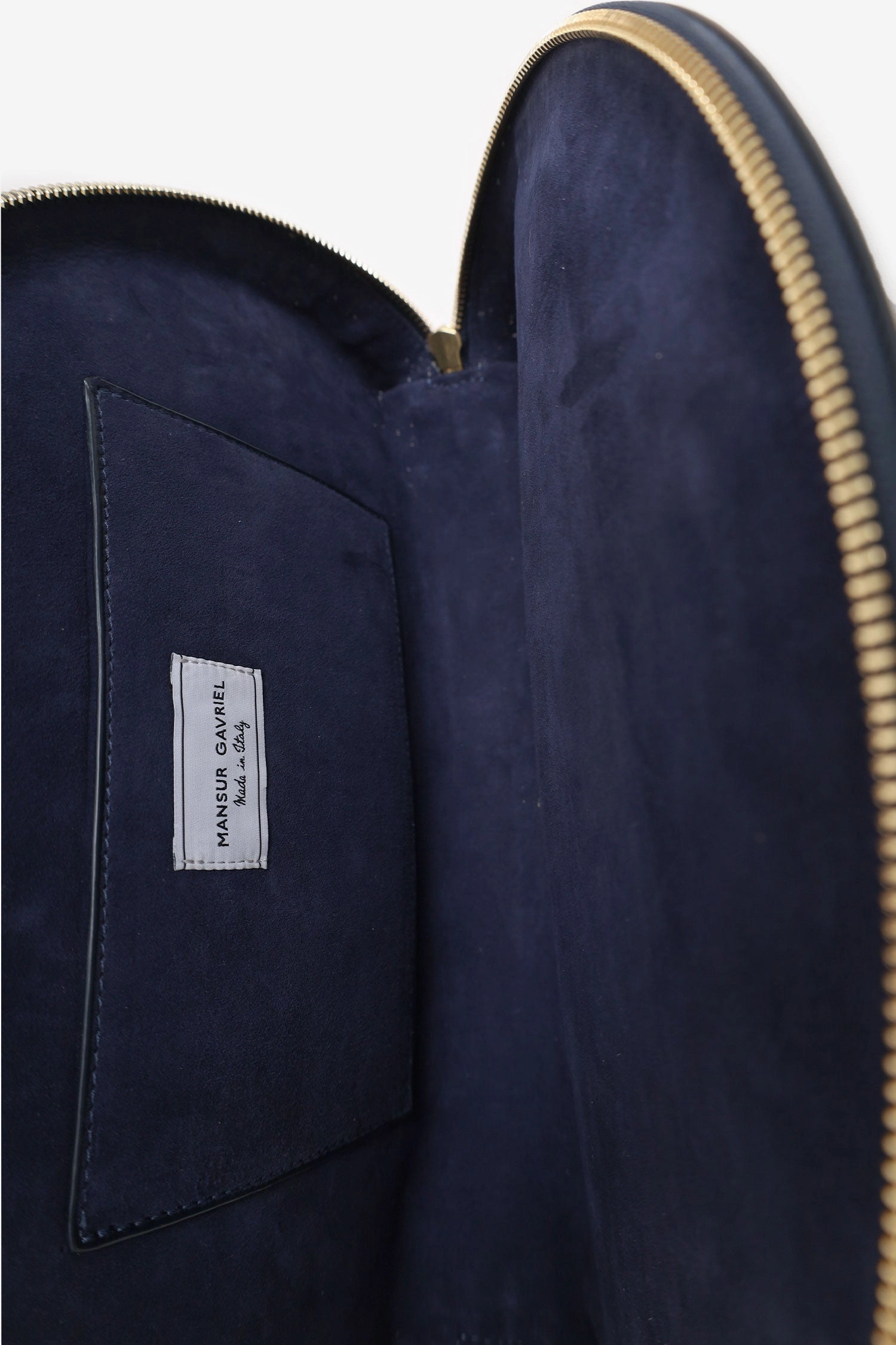 Mansur Gavriel Navy Patent Half Moon Clutch