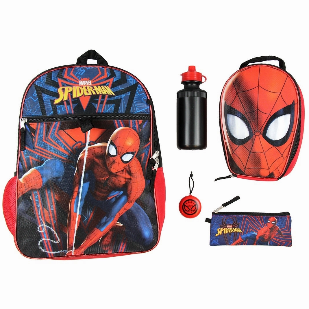 Marvel Spider-Man Backpack Kids 16" 5PC Water Bottle School Combo Set - One Size Fits Most