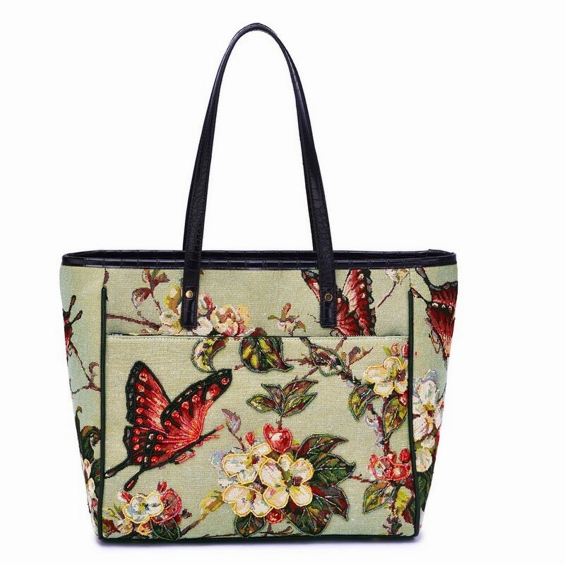 Mellow World Floral Hand Beaded Embroidered Laptop Tablet Large Leather Business Travel Tote Bag