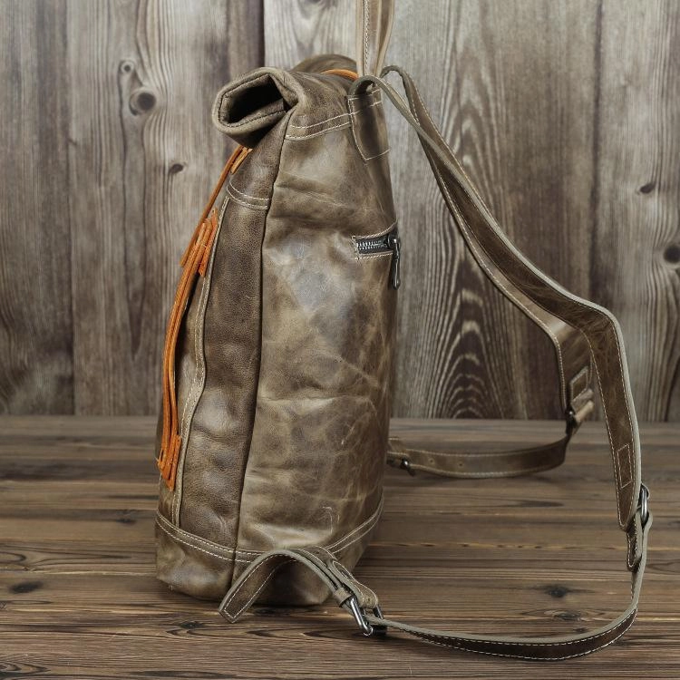 Mens Leather 14 inches Large School Laptop Backpack Rollup Khaki Brown Travel Backpacks for Men