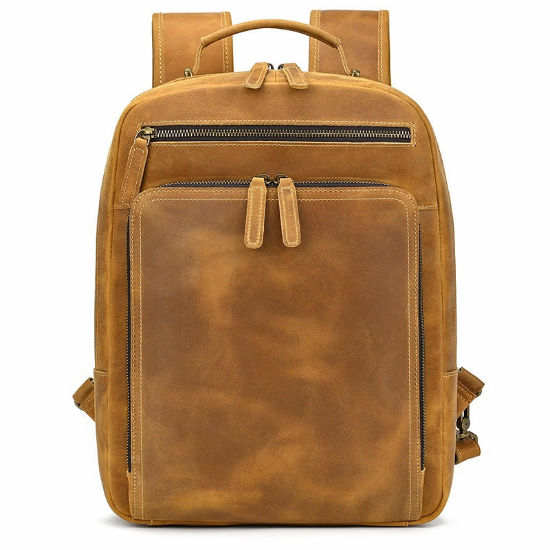 Mens Leather 15???? Laptop Backpack 14L Light Brown Large Leather Backpack for Travel