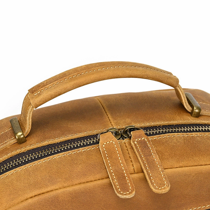 Mens Leather 15???? Laptop Backpack 14L Light Brown Large Leather Backpack for Travel