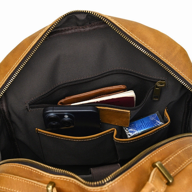 Mens Leather 15???? Laptop Backpack 14L Light Brown Large Leather Backpack for Travel