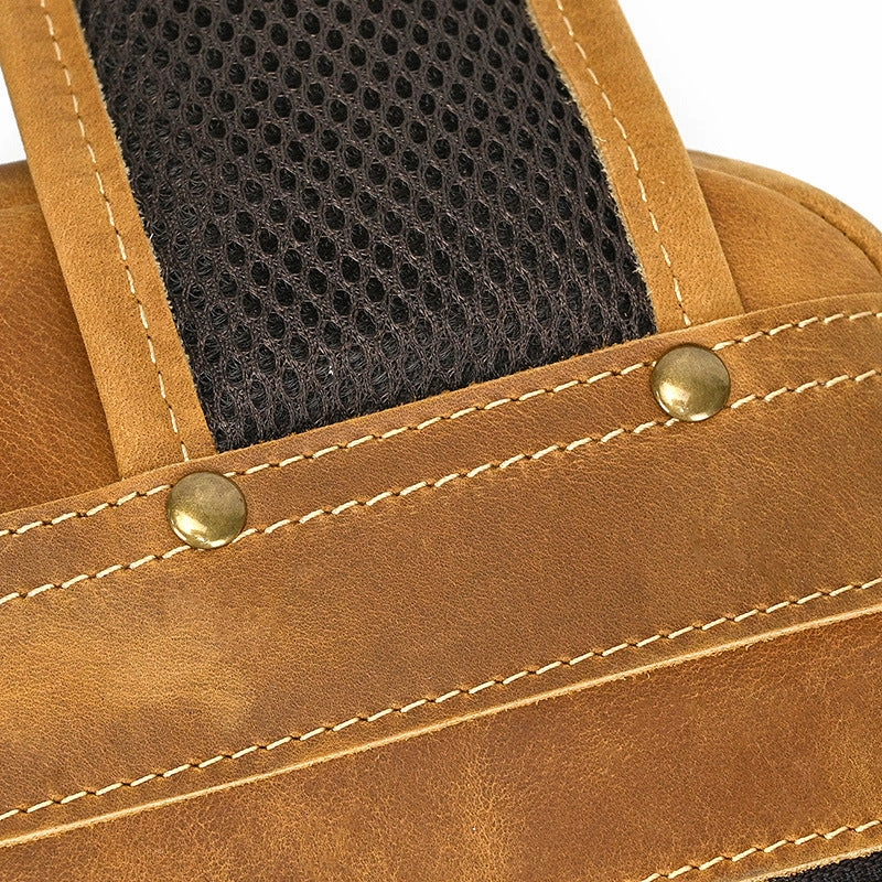 Mens Leather 15???? Laptop Backpack 14L Light Brown Large Leather Backpack for Travel