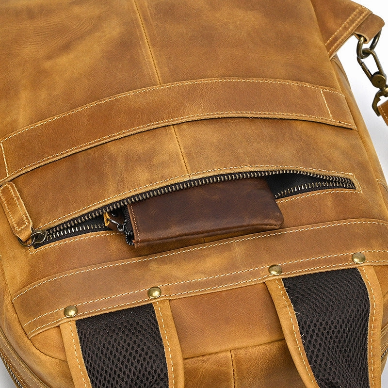 Mens Leather 15???? Laptop Backpack 14L Light Brown Large Leather Backpack for Travel