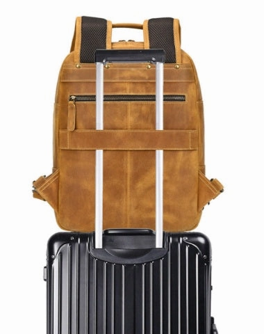 Mens Leather 15???? Laptop Backpack 14L Light Brown Large Leather Backpack for Travel